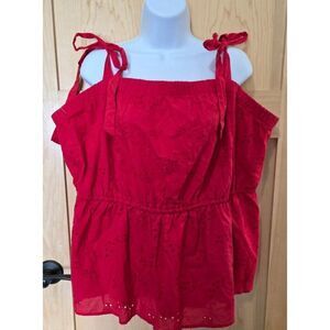 Red Eyelet Embroidered Sleeveless Top W Adjustable Tie Straps & Elastic Waist
